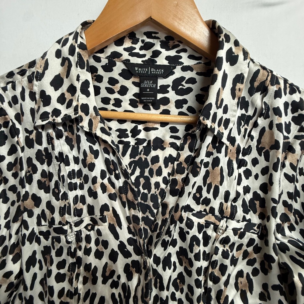 White House Black Market Silk Stretch Leopard Print Blouse Womens 8 Button Front - Picture 4 of 12